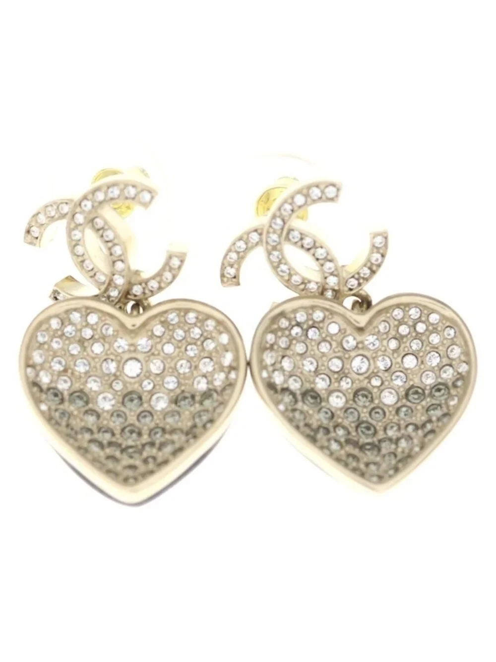 Chanel CC Logo Heart Rhinestone Earrings Gold Black